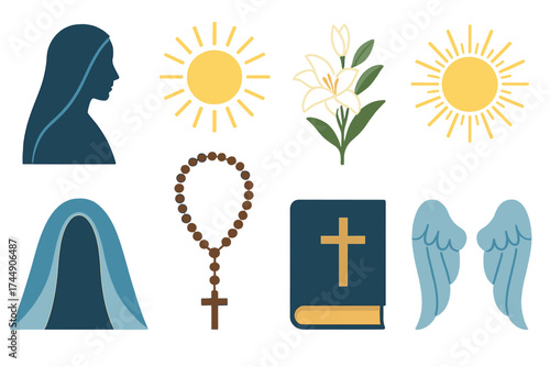Immaculate Conception Icons. Classic Immaculate Conception set of icons in geometric flat vector. Virgin Mary silhouette, shining halo, white lily flower, radiant sun, blue mantle