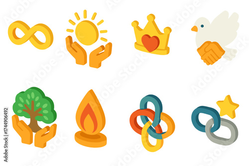 Symbolic Loyalty Icons. Symbolic Loyalty set icons in flat vector style. Infinity knot, radiant sun with hands, crown with heart, peace dove with clasped hands, tree of life with