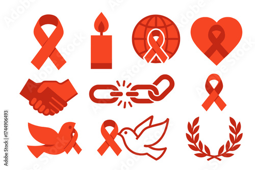 World AIDS Day Icons. Classic World AIDS Day set of icons in geometric flat vector. Red ribbon, candle flame, globe with ribbon, clasped hands, broken chain, heart with ribbon