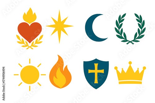 Sacred Icons. Symbolic Immaculate Conception set of icons in geometric flat vector. Immaculate heart, starburst light, crescent moon, laurel wreath, glowing orb, flame of purity