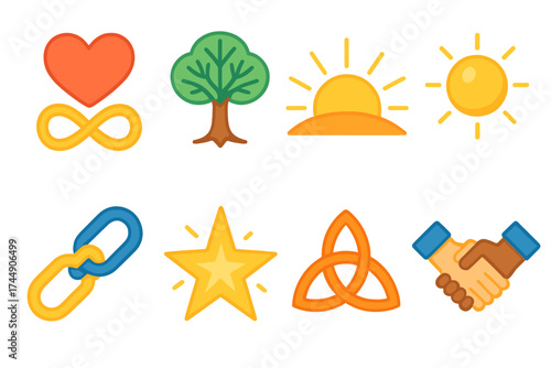 Symbolic Friendship Icons. Symbolic Friendship set icons in flat vector style. Heart with infinity sign, tree of life, rising sun, radiant orb, chain links, glowing star, unity
