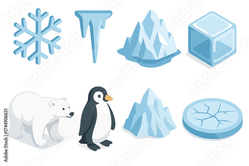 Frozen Icons Set. Frozen Elements set icons in flat vector style. Snowflake, icicle, iceberg, ice cube, polar bear, penguin, glacier, frozen lake
