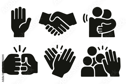 Brutalist Social Icons. Social Interaction set of icons silhouette. Raised hand, handshake, wave, hug, fist bump, clapping hands, group of people, high five