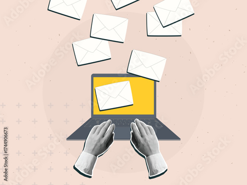 Using email - hands on laptop keyboard with envelopes flying off the screen. Modern collage style. Vector illustration