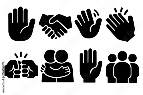 Bold Social Icons. Social Interaction set of icons silhouette. Open palm, handshake, wave, clapping hands, fist bump, hug, raised hand, group of people