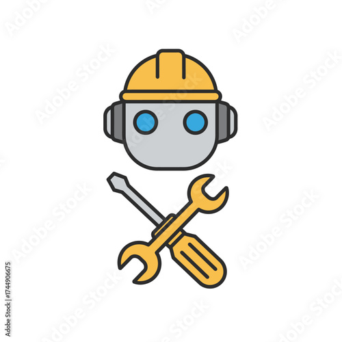 Outline Style Robot Construction Worker with Crossed Wrench and Screwdriver Icon