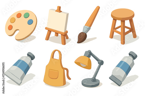 Isometric Art Studio Icons. Artist Studio set icons in flat vector style. Paint palette, easel, canvas, brush, stool, paint tube, apron, lamp