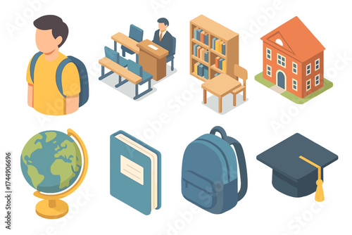 University Icon Set. University Set set icons in flat vector style. Student, lecture hall, library, campus building, globe, notebook, backpack, graduation cap