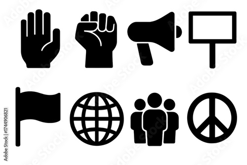 Protest Icon Set. Protest Signs set of icons silhouette. Stop hand, raised fist, megaphone, banner, flag, globe, people group, peace sign