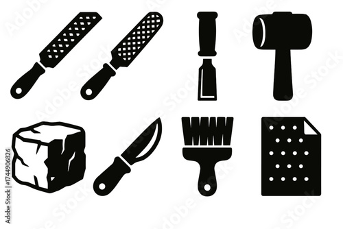 Brutalist Sculpting Tools. Sculptor’s Set set of icons silhouette. File, rasp, chisel, mallet, stone block, carving knife, brush, sandpaper
