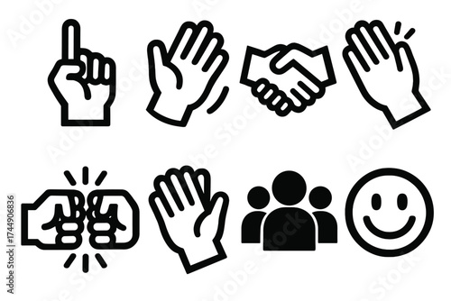 Bold Social Icons. Social Interaction set of icons silhouette. Pointing up, wave, handshake, clapping hands, fist bump, high five, group of people, smiley face