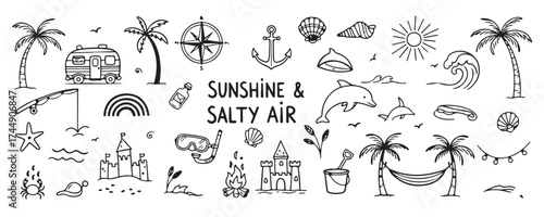 Hand drawn summer beach doodle set. Sketchy vector line art collection of vacation icons featuring camper van, palm tree, hammock, and ocean elements.