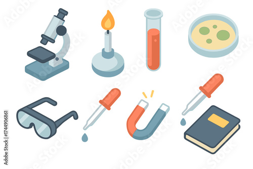 Isometric Lab Icon Set. Lab Equipment set icons in flat vector style. Microscope, burner, test tube, petri dish, pipette, goggles, magnet, notebook