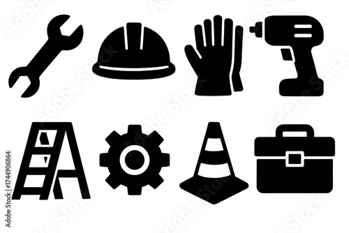 Industrial Icon Set. Industrial Equipment set of icons silhouette. Spanner, hard hat, work gloves, drill, ladder, gear, construction cone, toolbox