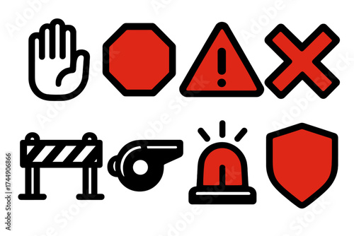 Brutalist Warning Icons. Warning Signs set of icons silhouette. Raised hand, stop sign, caution triangle, red X, barrier, whistle, alarm, shield