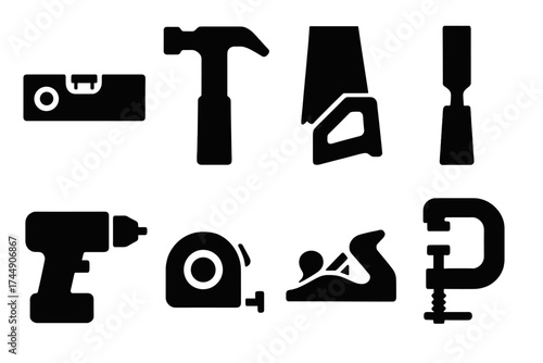 Brutalist Carpentry Icons. Carpentry Tools set of icons silhouette. Level, hammer, saw, chisel, drill, tape measure, plane, clamp