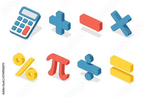 Math and Cloud Icons. Math Symbols set icons in flat vector style. Calculator, plus sign, minus sign, multiplication, division, equal sign, percentage, pi, Cloud Storage set icons