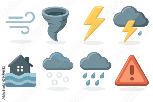 Isometric Storm Icons. Storm Elements set icons in flat vector style. Wind, tornado, lightning, thundercloud, flood, hail, heavy rain, storm warning
