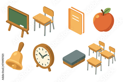Classroom Icon Set. Classroom Set set icons in flat vector style. Chalkboard, desk, chair, notebook, apple, bell, clock, blackboard eraser