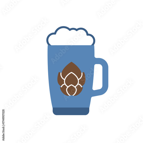 Flat Illustration Pale Blue Beer Mug with Hop Symbol Graphic