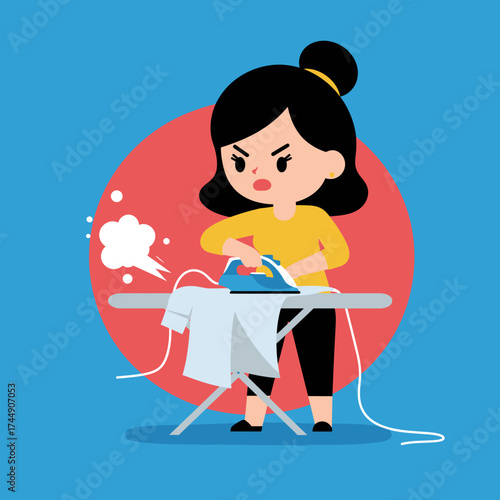 Cartoon Flat Illustration of Annoyed Woman Ironing Clothes on Ironing Board