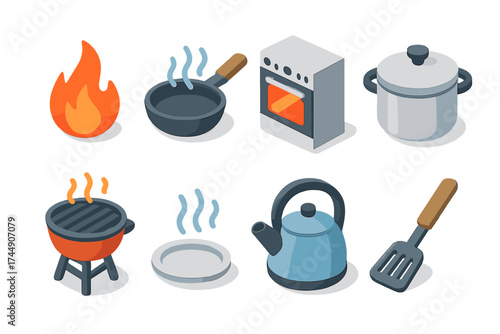 Modern Cooking Icons. Cooking Icons set icons in flat vector style. Hot, pan, oven, pot, grill, steam, kettle, spatula