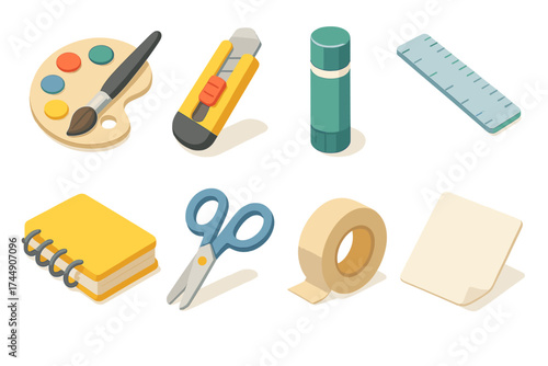 Craft Tools Icons. Crafting Icons set icons in flat vector style. Paint palette, cutter, glue stick, ruler, notebook, scissors, tape, paper
