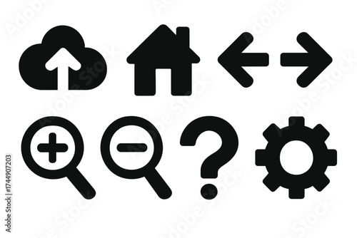 Brutalist Icon Set. Computer UI set of icons silhouette. Cloud upload, home, back, forward, zoom in, zoom out, help, settings