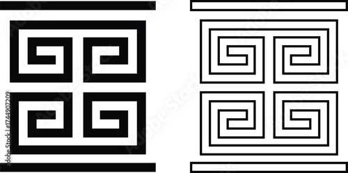 Greek key border icon set in flat and outline styles. Ancient meander pattern symbol, geometric frame design elements, seamless ornamental art decoration and classic greek design vectors illustration.