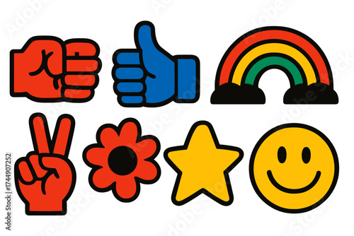 Brutalist Positive Icons. Positive Energy set of icons silhouette. Fist bump, thumbs up, peace sign, rainbow, sun, star, flower, happy face