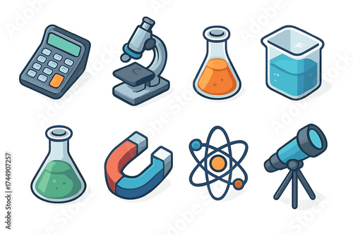 Science Tools Icons. Science Tools set icons in flat vector style. Calculator, microscope, test tube, beaker, flask, magnet, atom, telescope