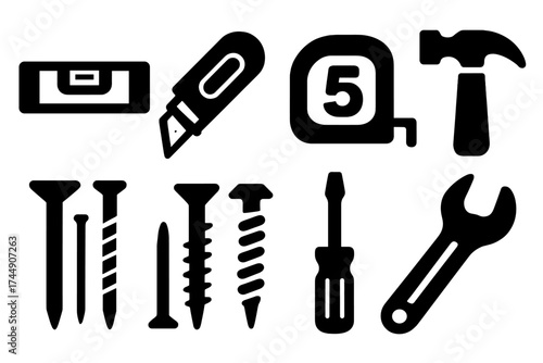 DIY Tools Icons. DIY Essentials set of icons silhouette. Level, utility knife, tape measure, hammer, nails, screws, screwdriver, wrench