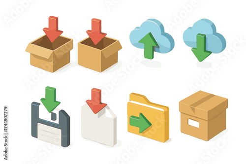 File Actions Icons. File Actions set icons in flat vector style. Arrow out of box, arrow into box, upload, download, save, export, import, archive
