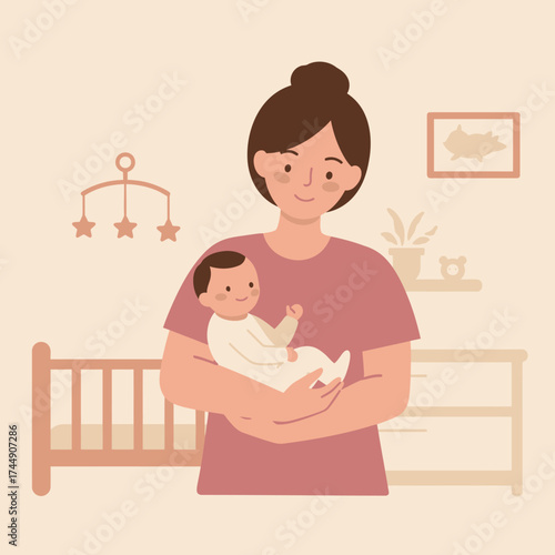 Minimalist Illustration Mother Holding Newborn Baby in Nursery Room Setting