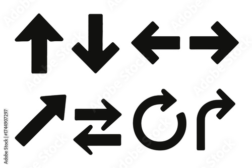 Brutalist Arrow Icons. Direction Arrows set of icons silhouette. Arrow up, arrow down, arrow left, arrow right, diagonal arrow, double arrow, circular arrow, curved arrow