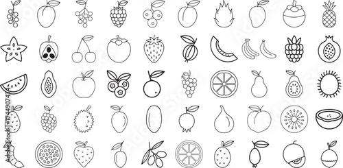 Fruit Icon Set in Black Line Style Featuring Tropical and Common Varieties