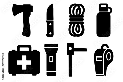 Brutalist Survival Icons. Survival Tools set of icons silhouette. Axe, knife, rope, water bottle, first aid kit, flashlight, fire starter, whistle