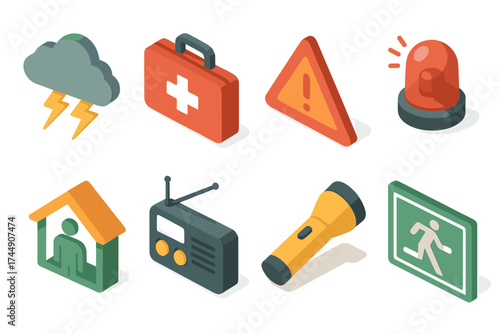 Isometric Emergency Icons. Emergency Icons set icons in flat vector style. Storm, first aid kit, warning triangle, alarm, shelter, radio, flashlight, evacuation sign