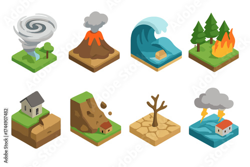 Isometric Disaster Icons. Natural Disasters set icons in flat vector style. Hurricane, volcano, earthquake, tsunami, wildfire, landslide, drought, storm surge