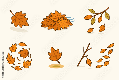 Autumn Leaves Icons. Falling Leaves set icons in flat vector style single leaf drifting, pile of fallen leaves, leaf blowing in wind, branch with leaves dropping, swirling leaf