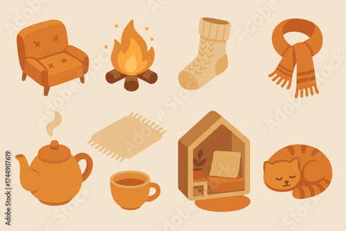 Cozy Warmth Icons. Warm Ease set icons in flat vector style cushioned seat, glowing ember, knitted sock, cozy scarf, calm tea pot, soft rug, peaceful nook, resting pet