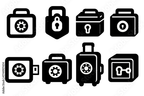 Portable Safe Icons. Portable Safes set of icons silhouette. Mini travel safe, lockbox safe, portable cash safe, USB portable safe, briefcase safe, luggage safe, car safe, small