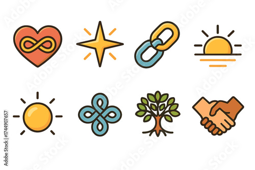 Best Friends Icons. Symbolic Best Friends set icons in flat vector style. Heart with infinity sign, radiant star, chain links, rising sun, glowing orb, unity knot, tree of life