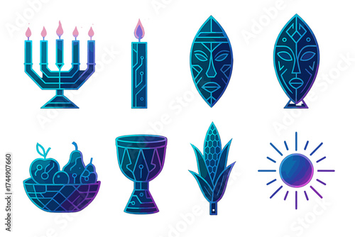 Futuristic Kwanzaa Icons. Futuristic Kwanzaa set of icons in geometric flat vector. Holographic kinara, neon glowing candle, digital unity cup, cyber tribal shield, AI fruit basket