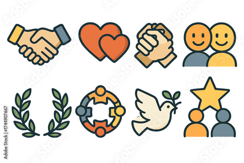 Friendship Icons Gallery. Classic Friendship set icons in flat vector style. Handshake, two hearts, clasped hands, smiling faces, laurel wreath, unity circle, peace dove, star with