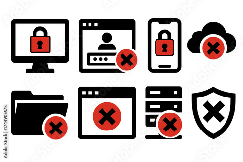 Access Denied Icons. Digital Access Denied set of icons silhouette. Computer screen with error lock, login failed screen, smartphone with cross lock, cloud with blocked symbol
