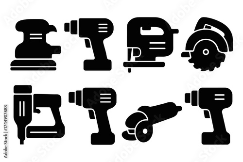 Brutalist Power Tool Icons. Power Tools Set set of icons silhouette. Sander, drill, jigsaw, circular saw, nail gun, heat gun, grinder, impact driver