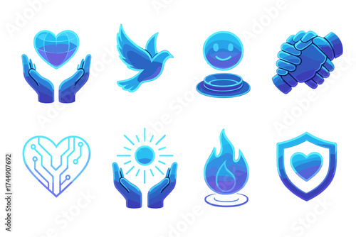 Futuristic Kindness Icons. Futuristic Kindness set icons in flat vector style. Holographic heart in hands, neon glowing dove, AI kindness orb, cybernetic clasped hands