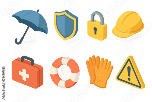 Safety Isometric Icons. Safety Set set icons in flat vector style. Umbrella, shield, lock, helmet, first aid kit, life buoy, gloves, warning sign