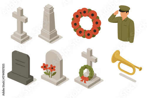 Memorial Day Icon Set. Memorial Remembrance Day set icons in flat vector style. Cross grave marker, cenotaph monument, poppy wreath, soldier saluting, memorial plaque, tombstone